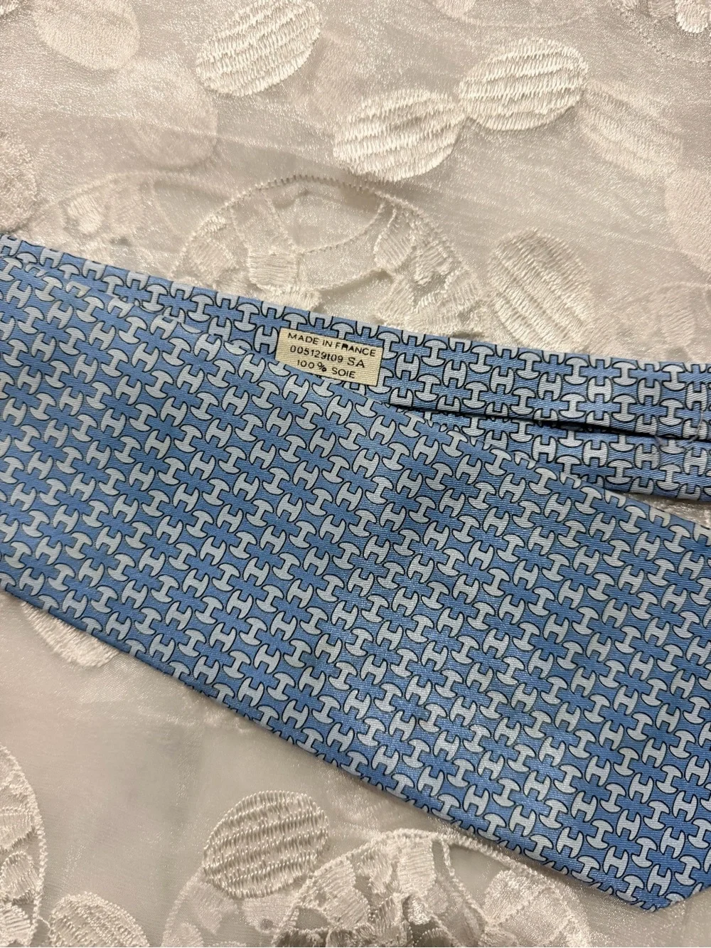 Hermes Light Blue Silk Tie with Geometric Interlocking Motif